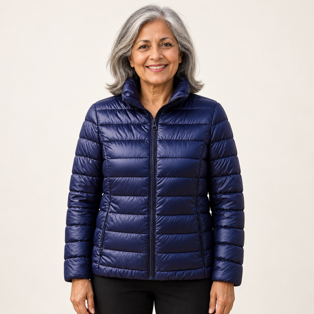 Ulla transitional padded jacket in Navy Blue worn by a mature woman, front view