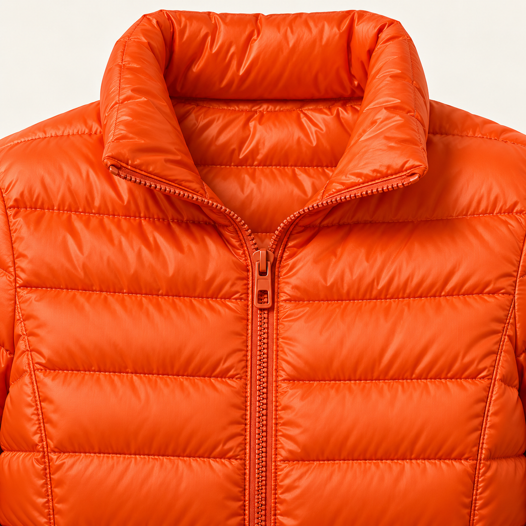 Ulla transitional padded jacket in Orange, close-up of stand collar, zip and quilting