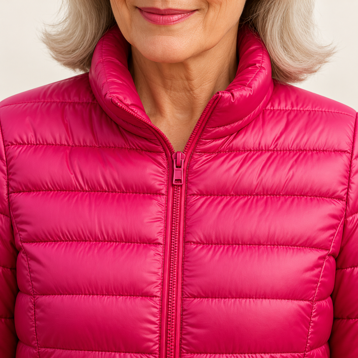 Ulla transitional padded jacket in Pink, close-up of stand collar, zip and quilting
