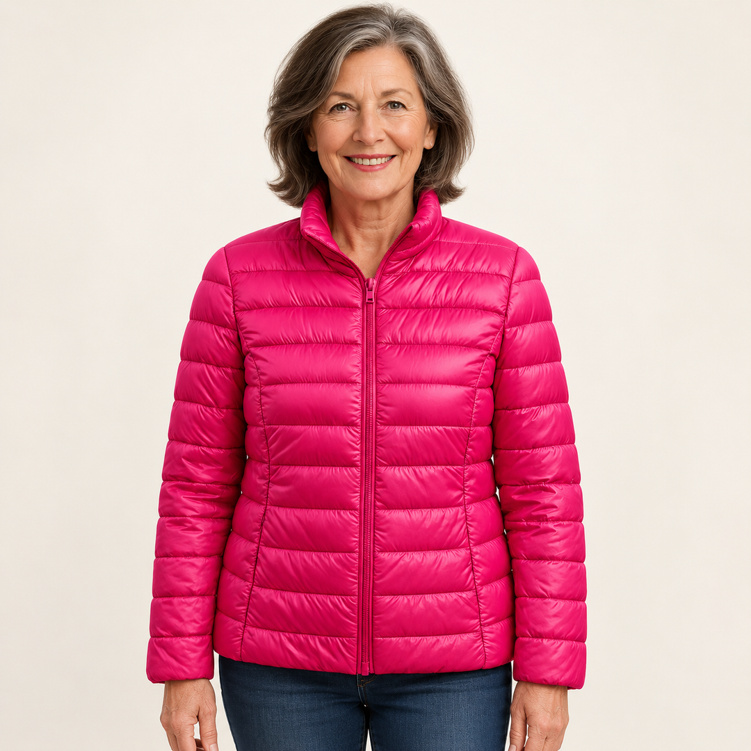 Ulla transitional padded jacket in Pink worn by a mature woman, front view