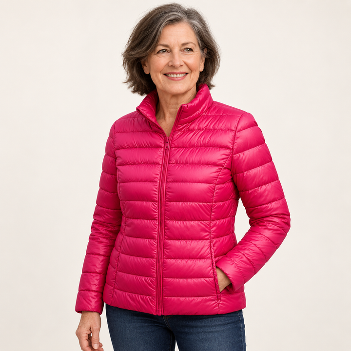 Ulla transitional padded jacket in Pink worn by a mature woman, three-quarter view
