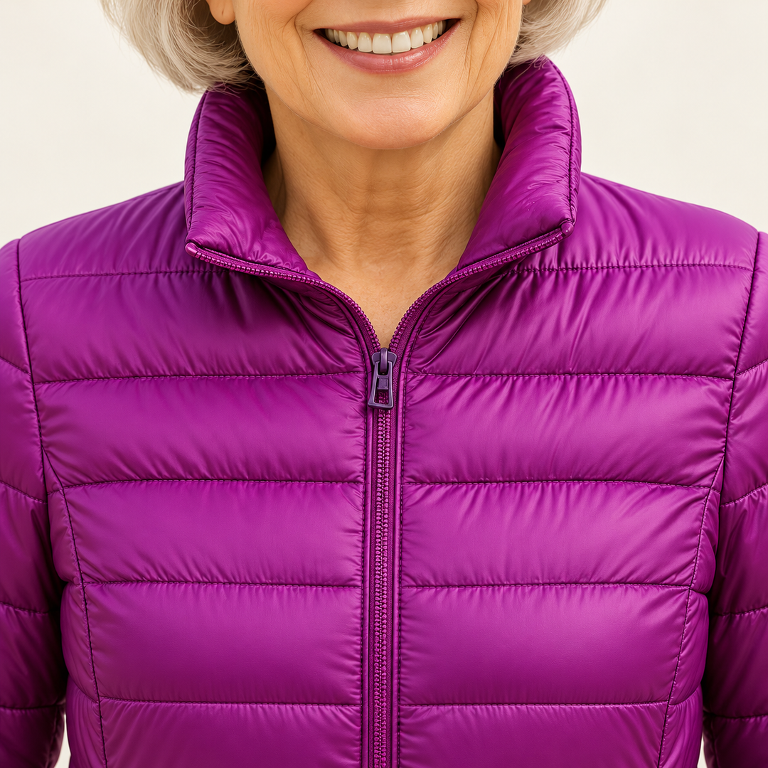 Ulla transitional padded jacket in Purple, close-up of stand collar, zip and quilting