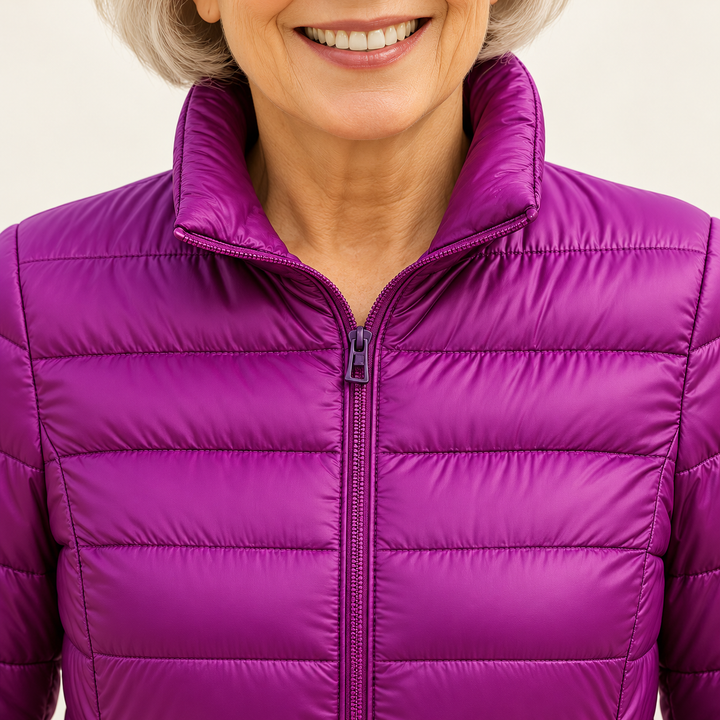 Ulla transitional padded jacket in Purple, close-up of stand collar, zip and quilting