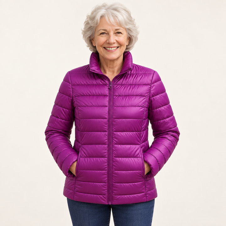 Ulla transitional padded jacket in Purple worn by a mature woman, front view
