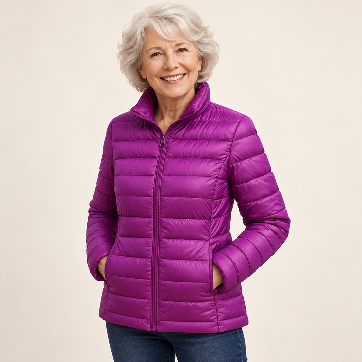 Ulla transitional padded jacket in Purple worn by a mature woman, three-quarter view