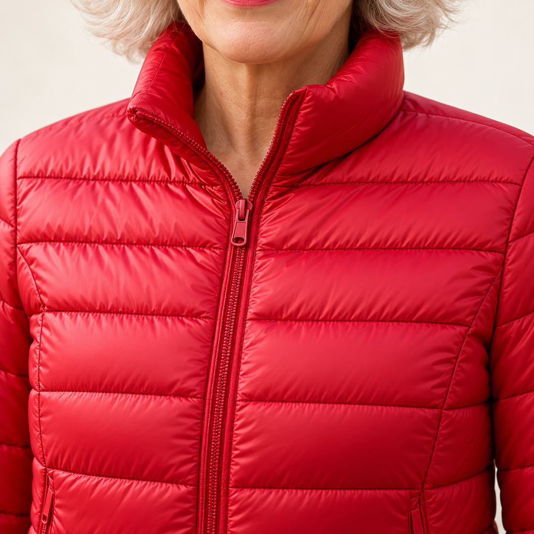 Ulla transitional padded jacket in Red, close-up of stand collar, zip and quilting