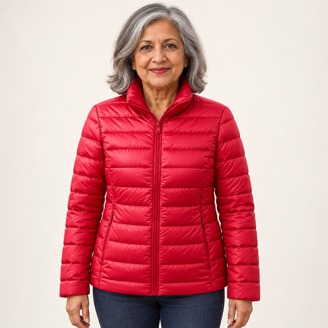 Ulla transitional padded jacket in Red worn by a mature woman, front view
