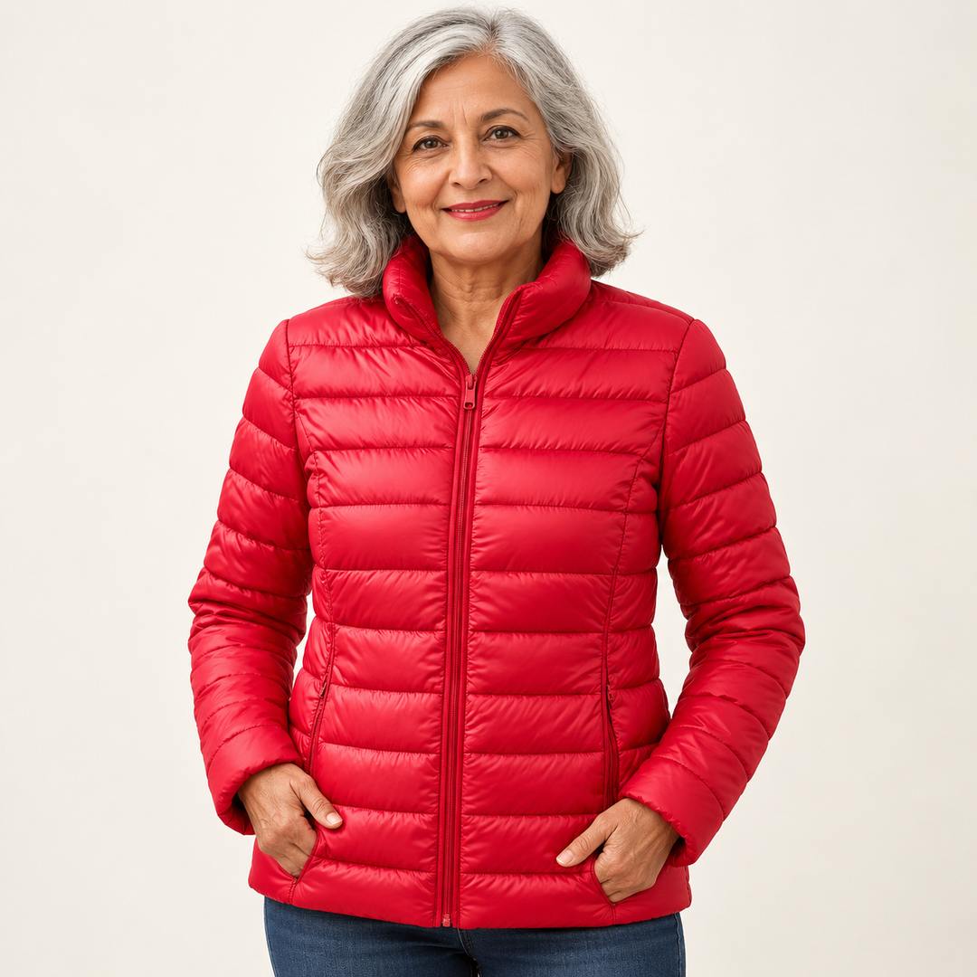 Ulla transitional padded jacket in Red worn by a mature woman, natural studio pose