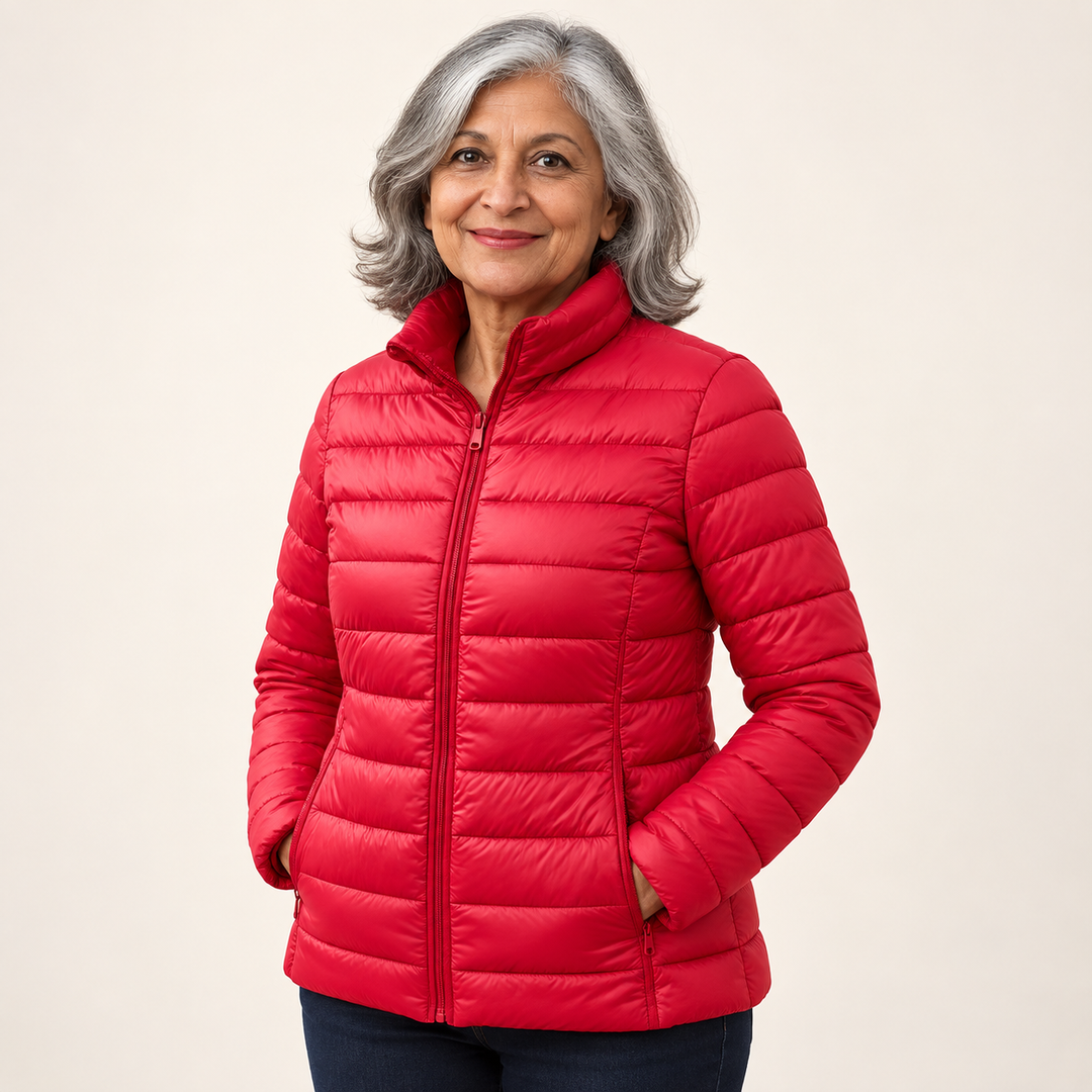 Ulla transitional padded jacket in Red worn by a mature woman, three-quarter view