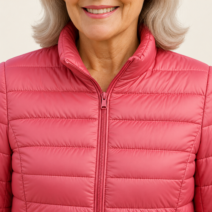 Ulla transitional padded jacket in Salmon, close-up of stand collar, zip and quilting