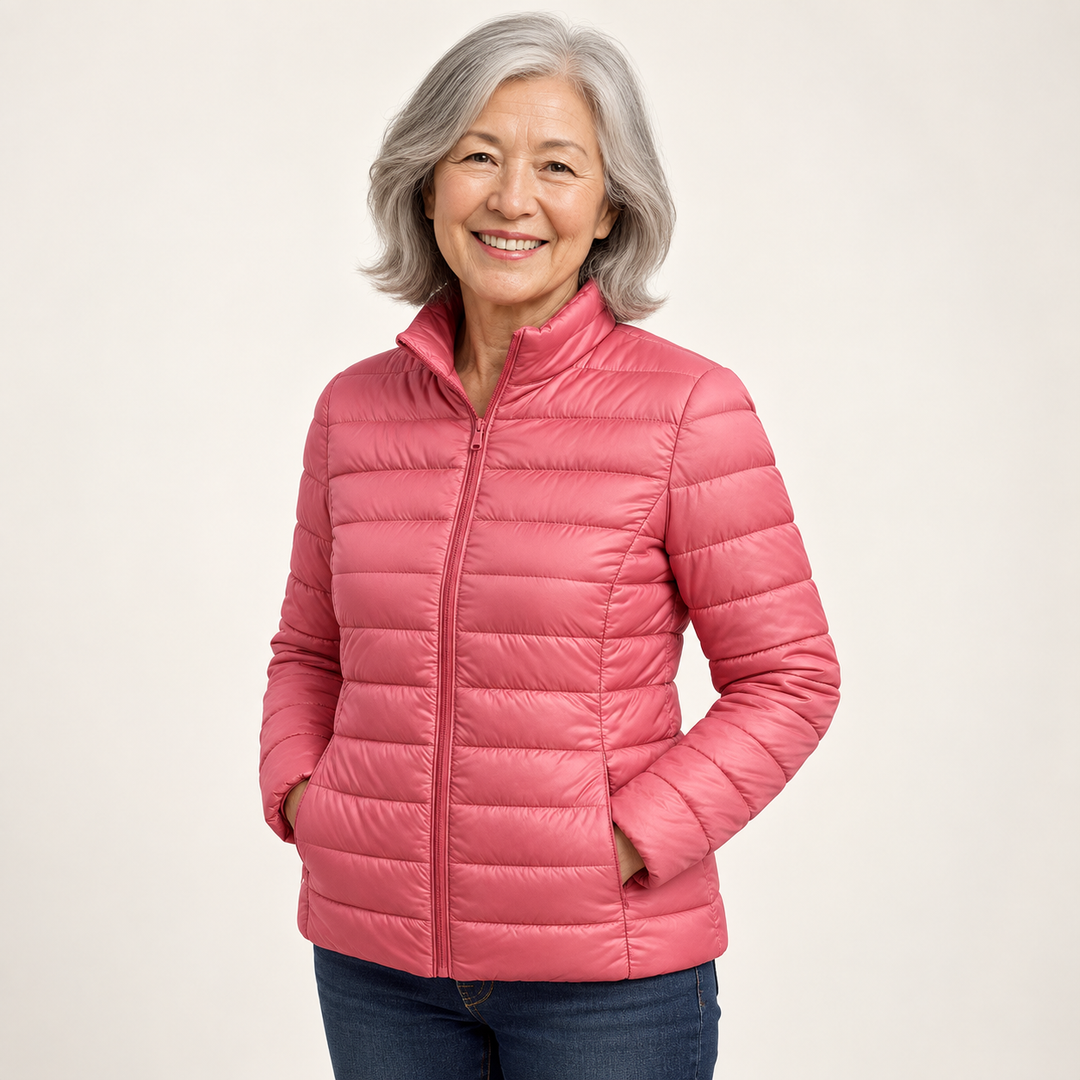 Ulla transitional padded jacket in Salmon worn by a mature woman, three-quarter view