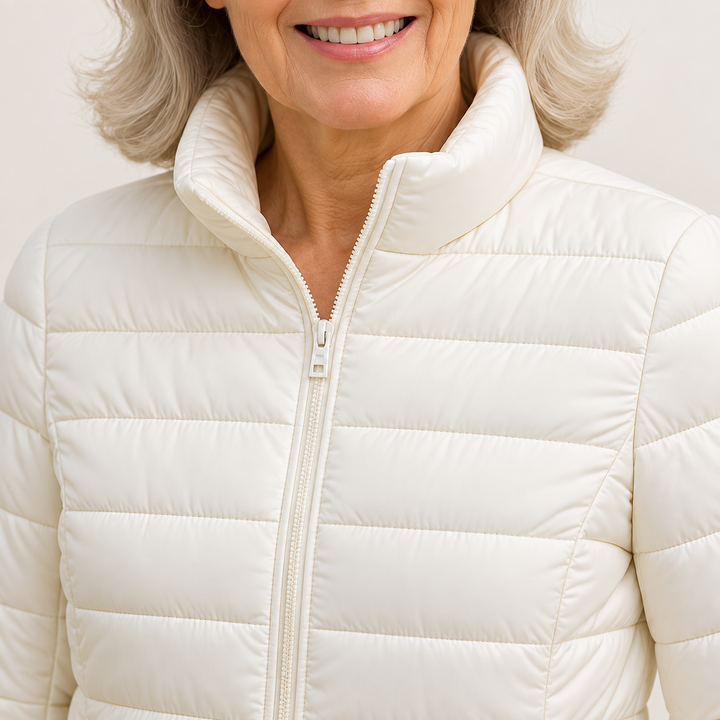 Ulla transitional padded jacket in White, close-up of stand collar, zip and quilting