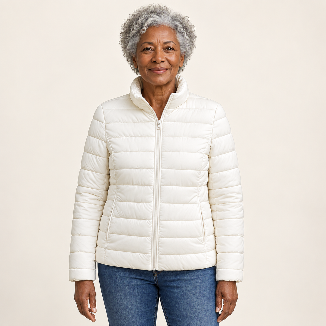 Ulla transitional padded jacket in White worn by a mature woman, front view