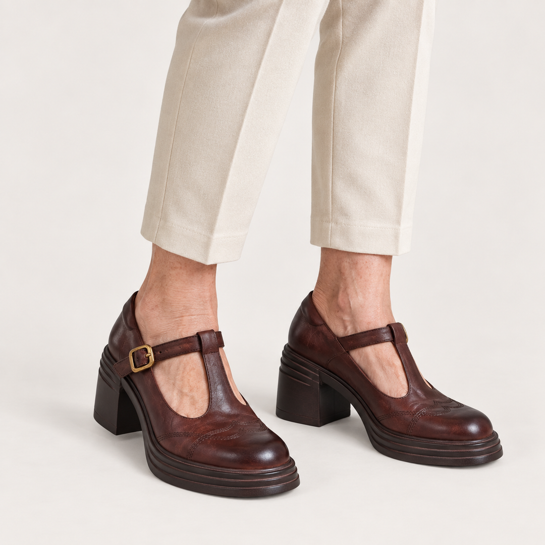 Vera T-strap shoes in Brown worn close-up