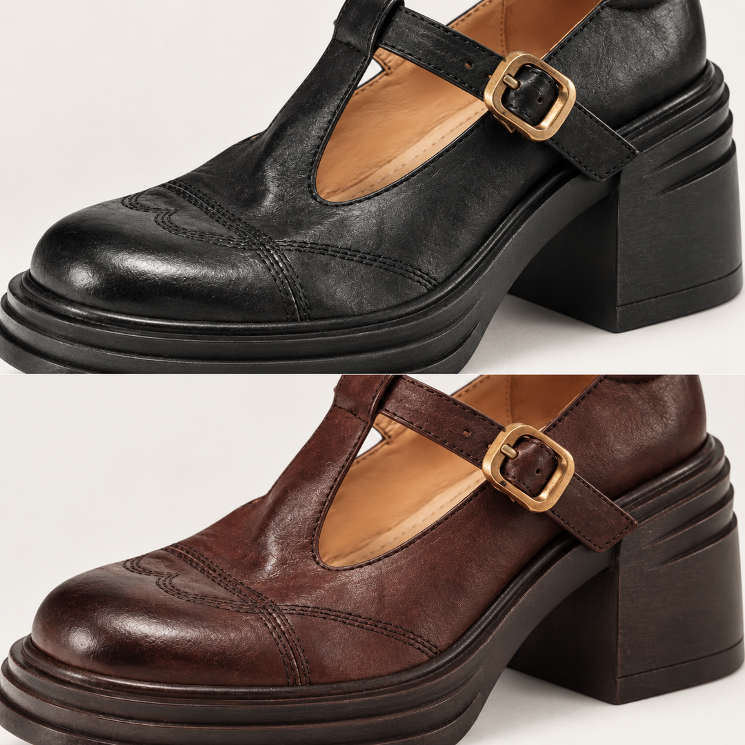 Vera T-strap shoes close-up of stitching buckle and heel