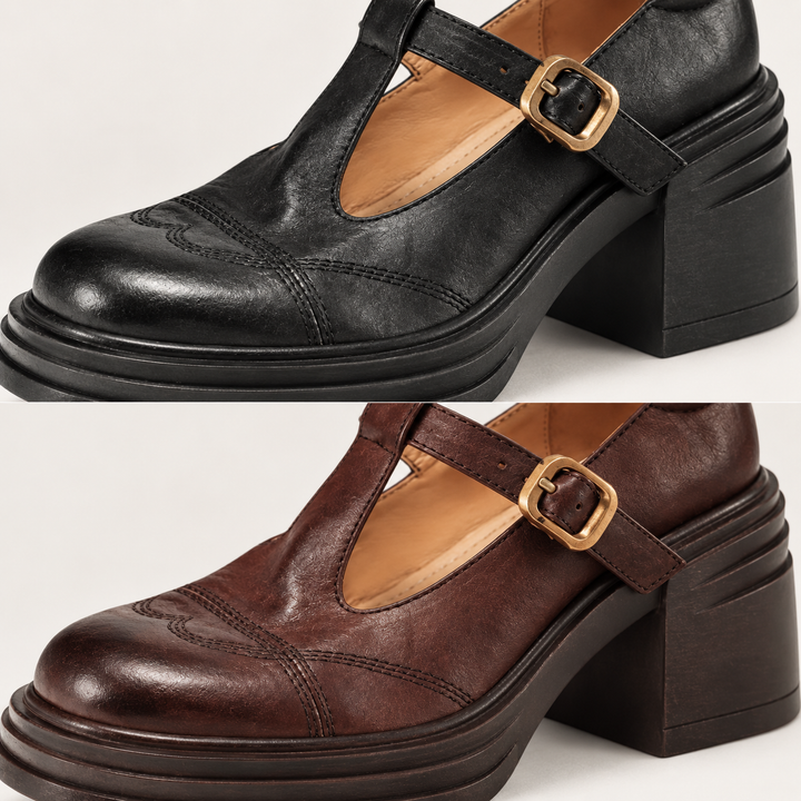 Vera T-strap shoes close-up of stitching buckle and heel