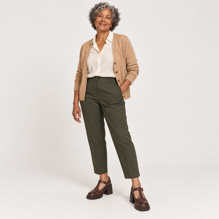 Vera Brown T-strap shoes styled on a mature model
