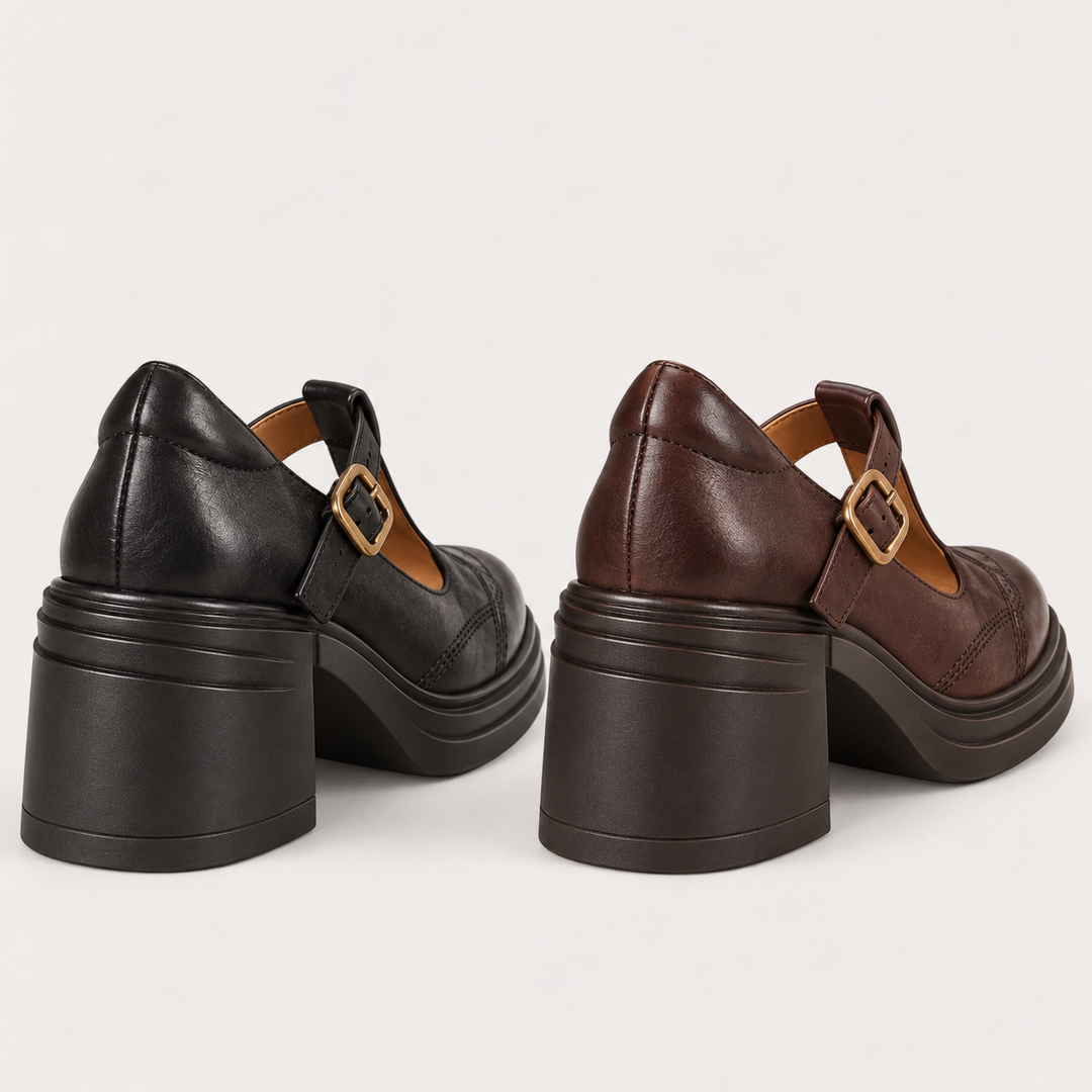 Vera T-strap shoes rear view in Black and Brown