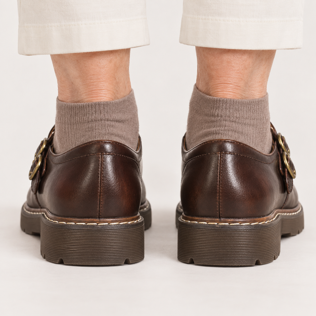 Viola brown double-buckle shoes, rear heel view