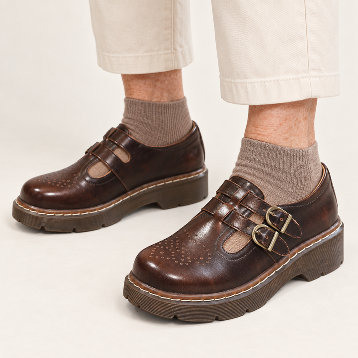 Viola brown double-buckle shoes worn, close product view