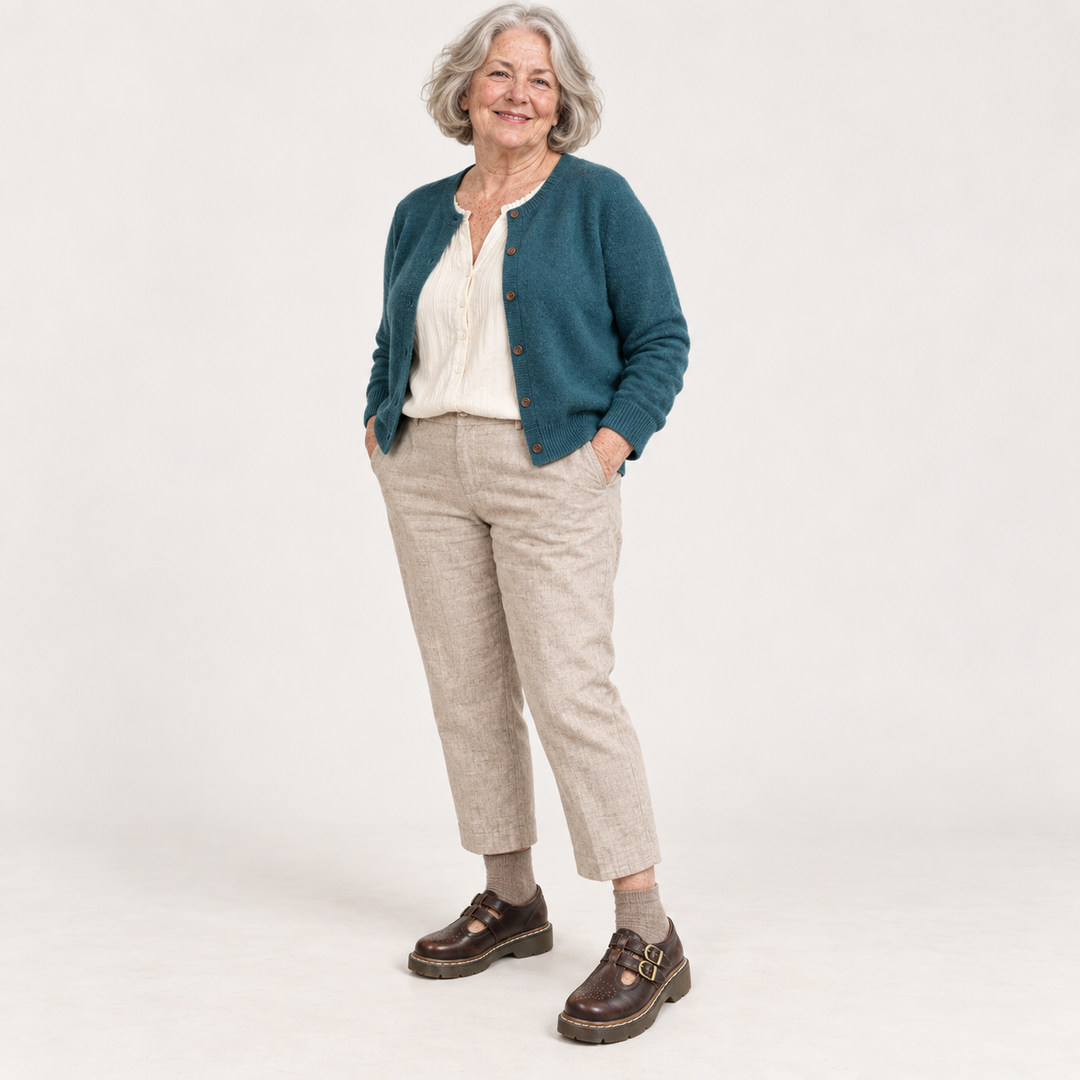 Viola brown shoes worn by a mature British woman