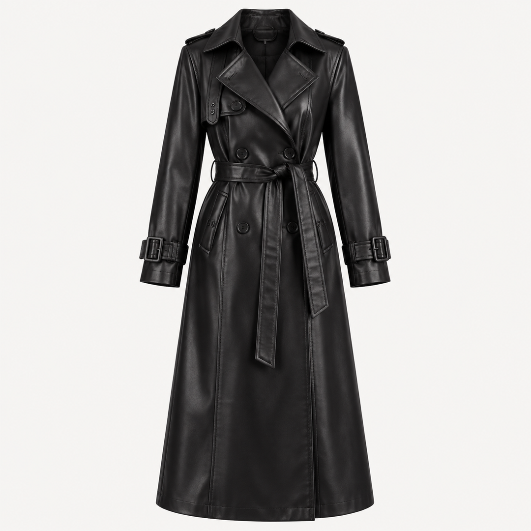 Women's Faux Leather Belted Trench Coat — black — product front