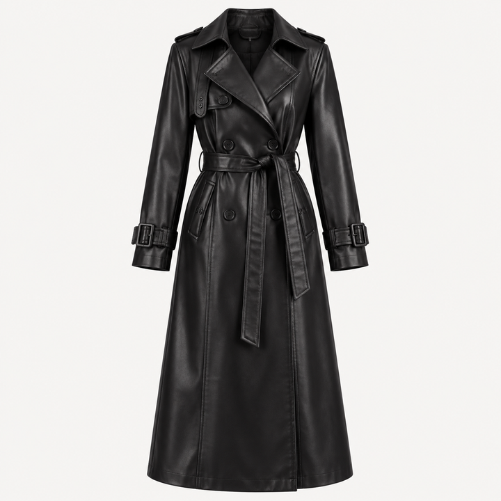 Women's Faux Leather Belted Trench Coat — black — product front