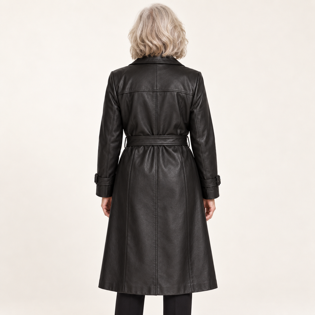 Women's Faux Leather Belted Trench Coat — senior model — back