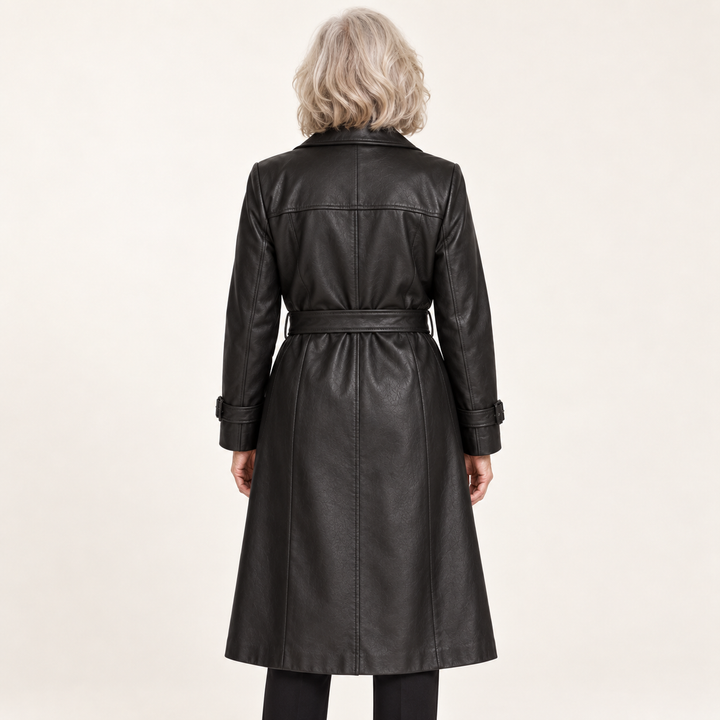Women's Faux Leather Belted Trench Coat — senior model — back