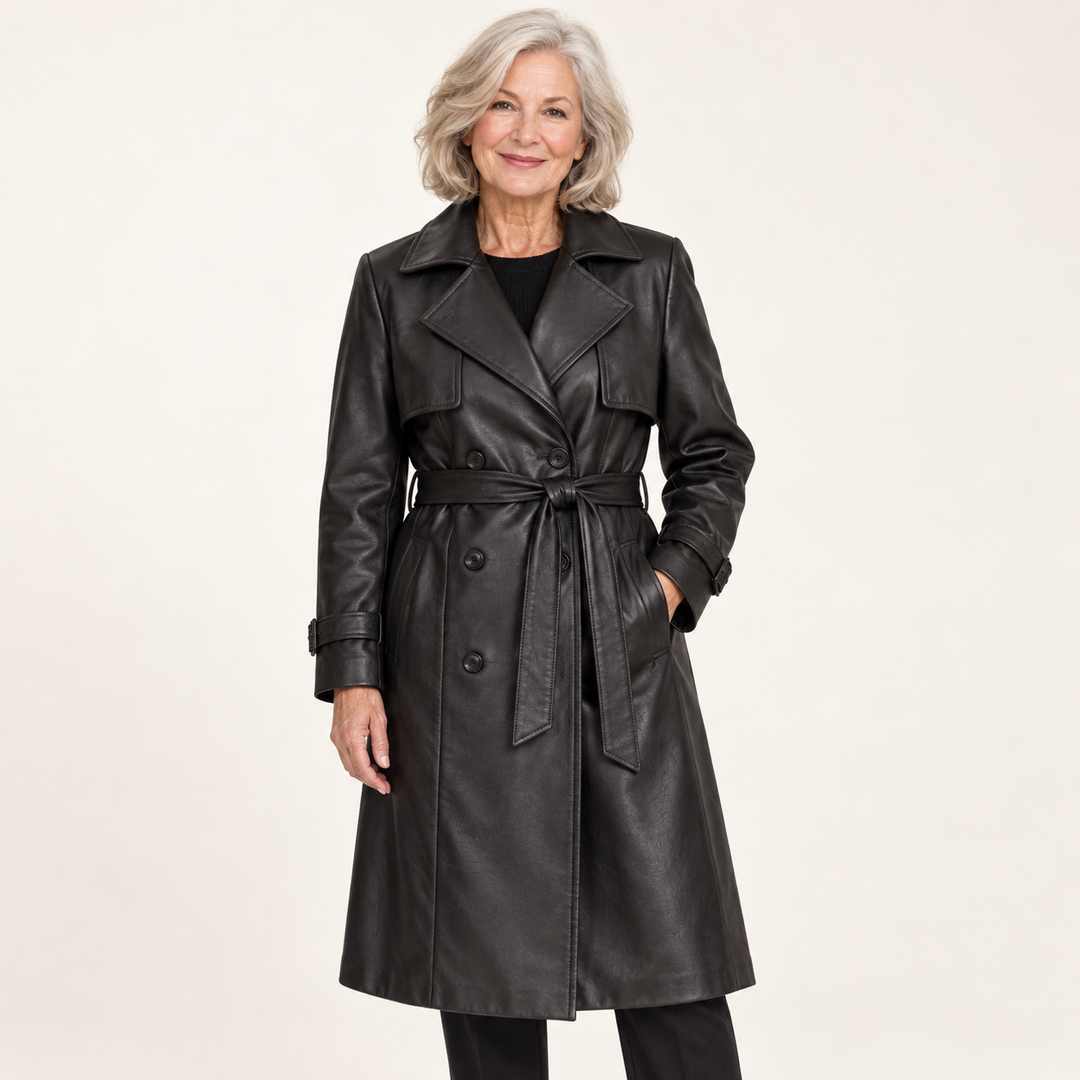 Women's Faux Leather Belted Trench Coat — senior model — front